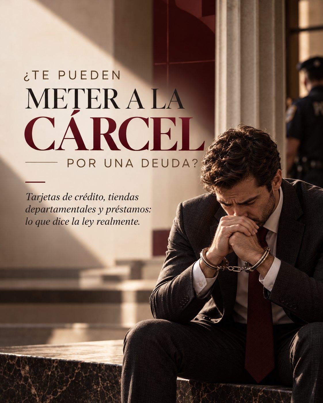 Hombre de traje esposado, sentado en las escaleras de un juzgado, con el título ¿Te pueden meter a la cárcel por una deuda?